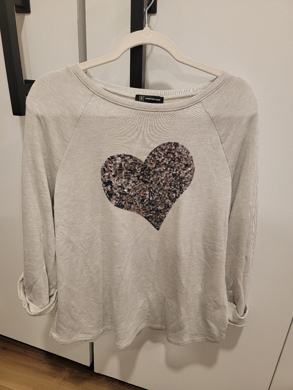 INC International Concepts Light Grey Sweatshirt with Sequin Heart